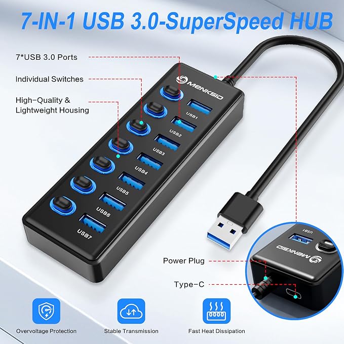 7-Port USB 3.0 Hub, Data USB Hub Splitter with Individual On/Off Switches and Lights, Compatible with Laptop, PC, MacBook, Mac Pro, Mac mini, iMac, Surface Pro and More