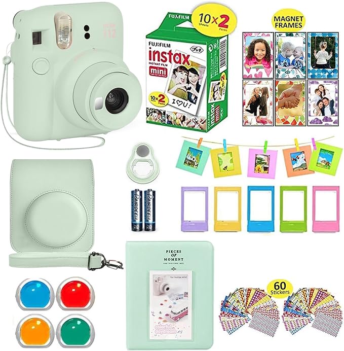 Fujifilm Instax Mini 12 Instant Camera Mint Green + Shutter Compatible Carrying Case + Fuji Film Value Pack (20 Sheets) + Shutter Accessories Bundle, Color Filters, Photo Album, Assorted Frames