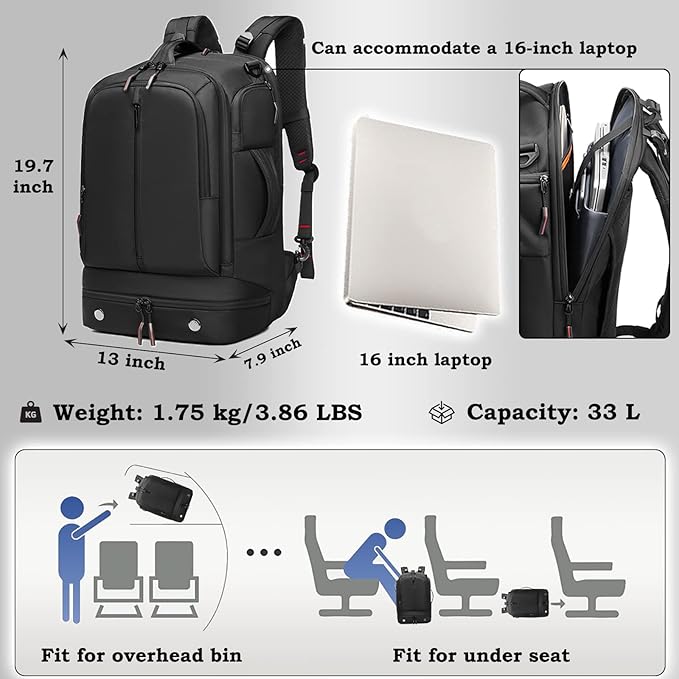 Somago Laptop Backpack Carry On Water Resistant Durable Daypack Backpack fits 16 inch Laptop Anti Theft Travel Rucksack Backpack with Shoe Compartment Luggage Strap for Men Women, 33L, Black