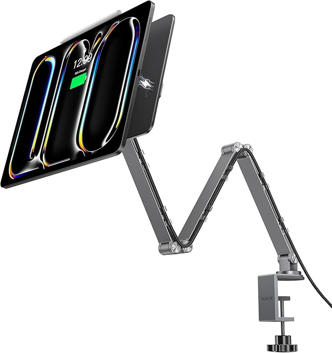 LULULOOK [Upgrade] Magnetic Wireless Charging Stand for iPad Pro 13" M4 Only, Aluminium Alloy iPad Stand for Desk with Foldable Long Arm, 360° Adjustable Tablet Holder with 2M USB C Cable