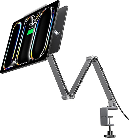 LULULOOK [Upgrade] Magnetic Wireless Charging Stand for iPad Pro 13" M4 Only, Aluminium Alloy iPad Stand for Desk with Foldable Long Arm, 360° Adjustable Tablet Holder with 2M USB C Cable