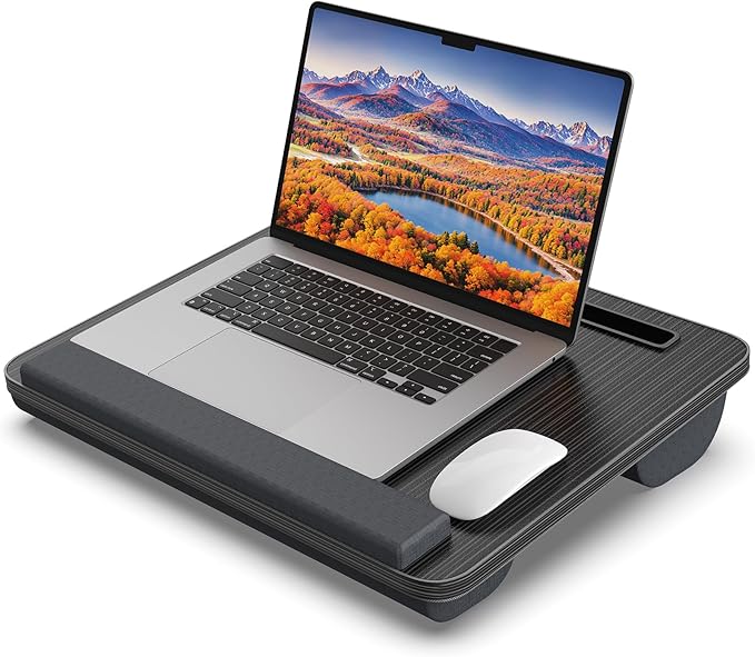 Portable Lap Desk, Laptop Stand for Bed with Soft Wrist Rest, Tablet/Phone Slot, Fabric Handle, Laptop Bed Desk with Cushion (Black)