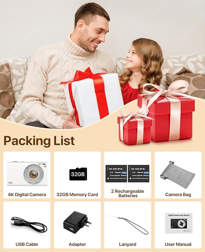 Digital Camera, 4K Vlogging Camera for YouTube Autofocus Cameras for Photography with 16X Digital Zoom, 48MP Compact Point and Shoot Digital Camera for Teens Adult with 32GB SD Card, 2 Batteries-White