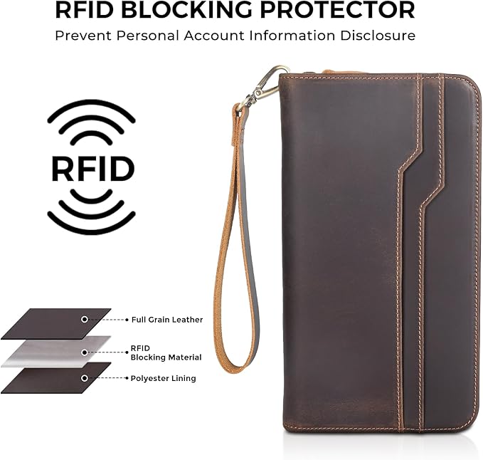 Polare Full Grain Leather Family Travel Passport Wallet and Documents Organizer RFID Blocking Case Holder Fits 6 Passports for Men and Women