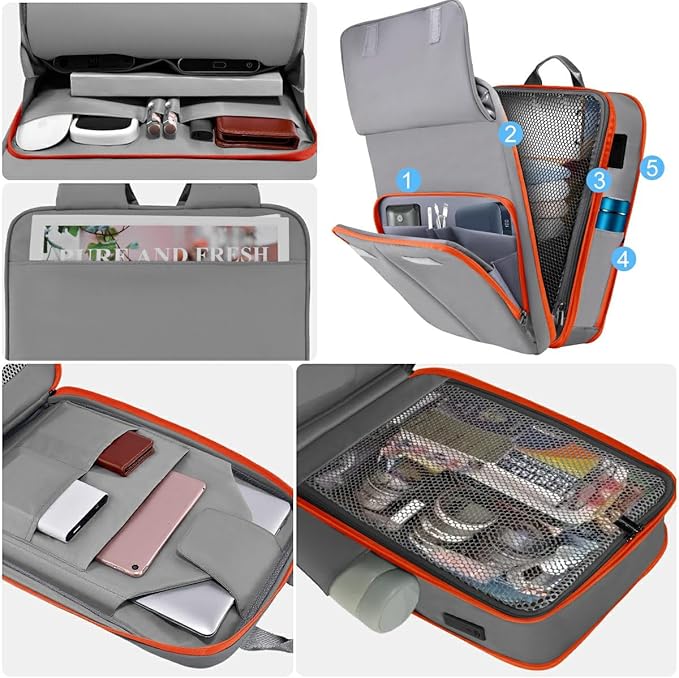 ZINZ Slim & Expandable Laptop Backpack 15.6 16 17 inch Travel Business Backpack Water-Resistant Daypack for Men and Women，Gray orange