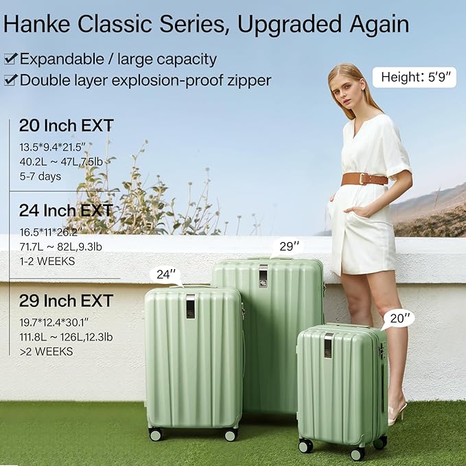 Hanke Expandable Hardshell Luggage Sets 3 piece Carry on Luggage with Wheels Suitcases Lightweight Checked Travel Luggage Rolling Large Suitcase Travel Luggage Bag Woman Men 20/24/29Inch(Bamboo Green)