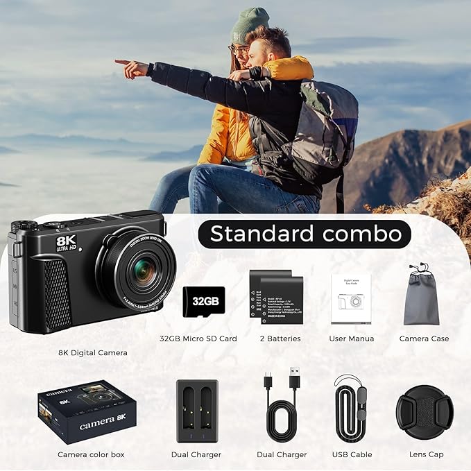 8K Digital Camera for Photography, 88MP Vlogging Camera for YouTube with 3" 180° Flip Screen, 18X Digital Zoom Point and Shoot Cam with 32GB Micro SD Card for Beginner (Gunmetal)