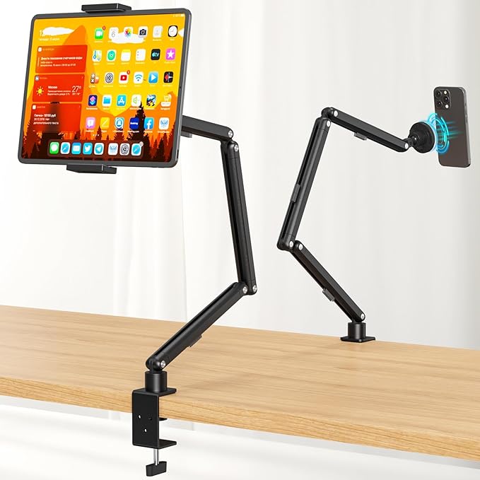 Tablet Stand Holder, Foldable iPad Holder Arm with 360°Rotate Base, Tablet Desk Mount with Magnetic and Clamp, iPad Stand for Desk, Compatible with Tablets, Phones or Other 4.7-15.6" Devices
