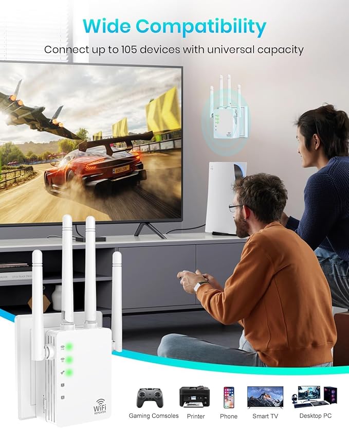 WiFi Extender, WiFi Extender Signal Booster Dual-Band(5.8G&2.4G) Wireless Repeater Coverage to 12880 sq. ft & 105 Devices, 1-Tap Setup, Supports Ethernet Port, Faster Speed