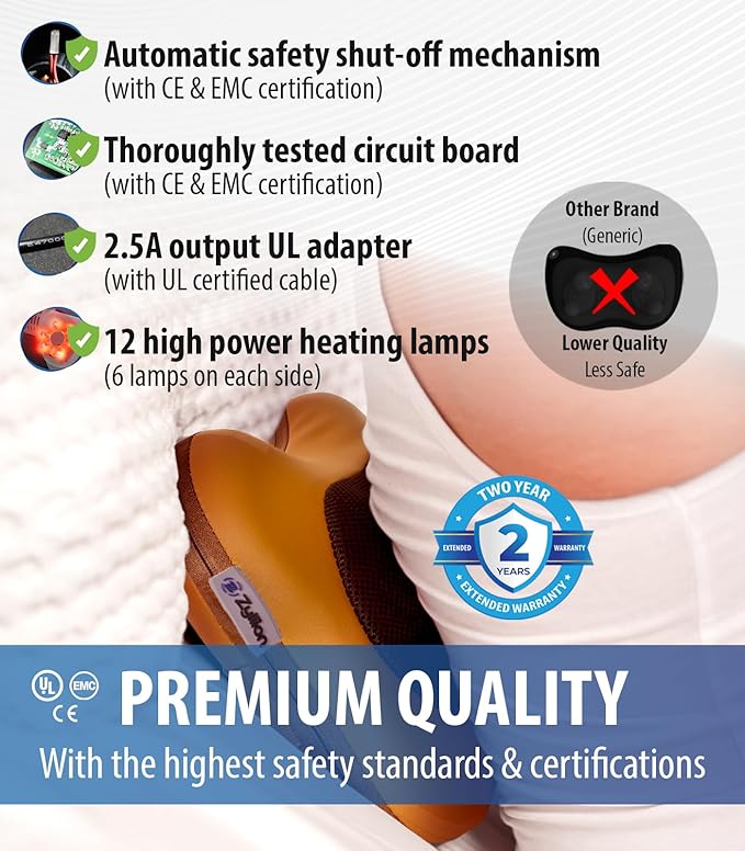 Zyllion Shiatsu Back and Neck Massager with Heat - 3D Electric Kneading Deep Tissue Massage Pillow for Muscle Pain Relief, Brown, ZMA-13