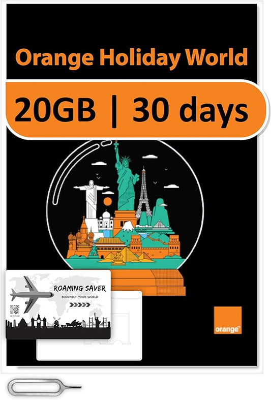 Orange Holiday Worldwide Prepaid SIM Card 20GB Internet Data for 30 Days in 4G/LTE | Data tethering Allowed | Calls & SMS | 1 Sim Card Holder + 1 Pin (International sim, Asia America Europe)