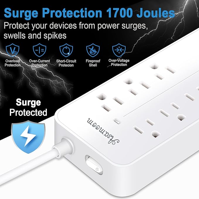 10FT Surge Protector Extension Cord with USB C, Flat Plug Power Strip - 8 Outlets & 3 USB Ports (A x 2, C x 1), Wall Mount Desk Power Strip - White, ETL Listed