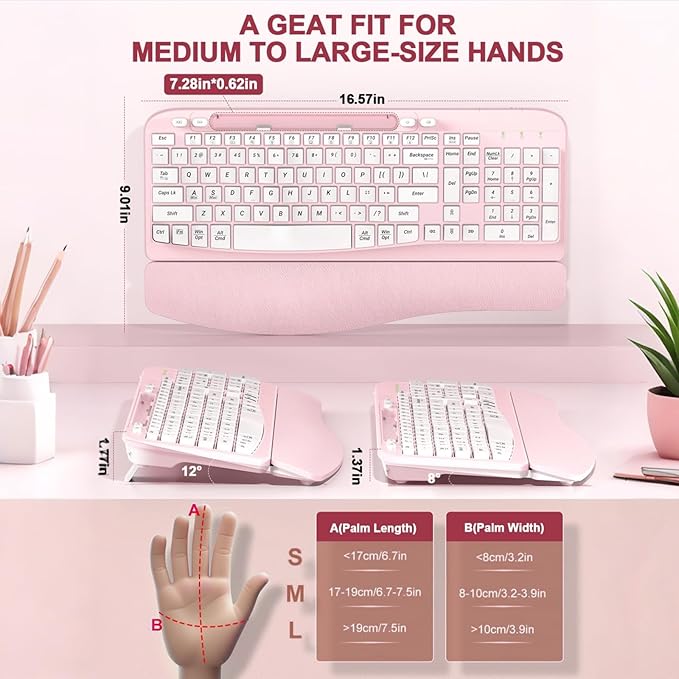 Ergonomic Wireless Keyboard with Cushioned Wrist Rest, Wave Keys, Phone Holder, Comfortable Natural Typing, 2.4GHz Full Size Cordless USB Computer Keyboard for Laptop, Mac, Windows (Pink)
