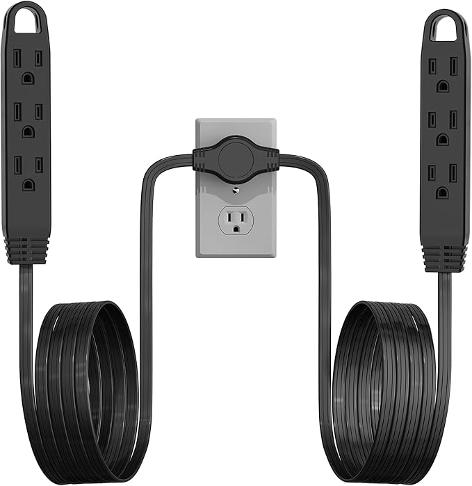 3-Prong 12FT Twin Extension Cord with 6 Outlets and Safety Covers - Slim Design for Furniture, 12FT Double Cord 6 FT Each Side in Black Color