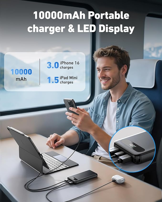 VANYUST Portable Charger, 22.5W 10000mAh USB-C in & Out Power Bank Fast Charging, PD 3.0+QC 4.0 LED Display Phone Battery Pack Compatible with iPhone 16 15 14 13 Pro Samsung S23 Google iPad Tablet etc