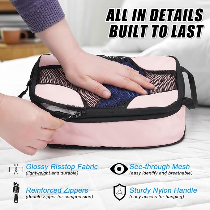 6 Set Compression Packing Cubes for Travel Women, Compression Bags Organizer for Packing Luggage Space Saving, Suitcase Organizer Set for Travel Essentials - Pink