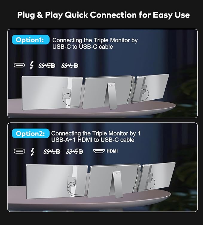 FOPO Portable Monitor for Laptop - 16” FHD 1200P Triple Monitor Laptop Screen Extender with HDMI and USB-C Connectivity for Effortless Multitasking-S11