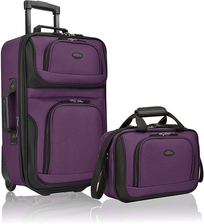 U.S. Traveler Rio Fabric Expandable Carry-on Luggage, Rolling Suitcase, Purple, 2 Wheel Set