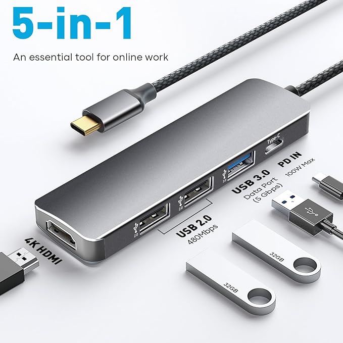 Reborn USB C Hub 5-in-1 for MacBook Pro/Air, 4K HDMI Multiport Adapter with 100W Power Delivery, 3*USB A Data Ports, USBC Dongle for Dell, HP, ASUS, Acer and Other Type C Laptops