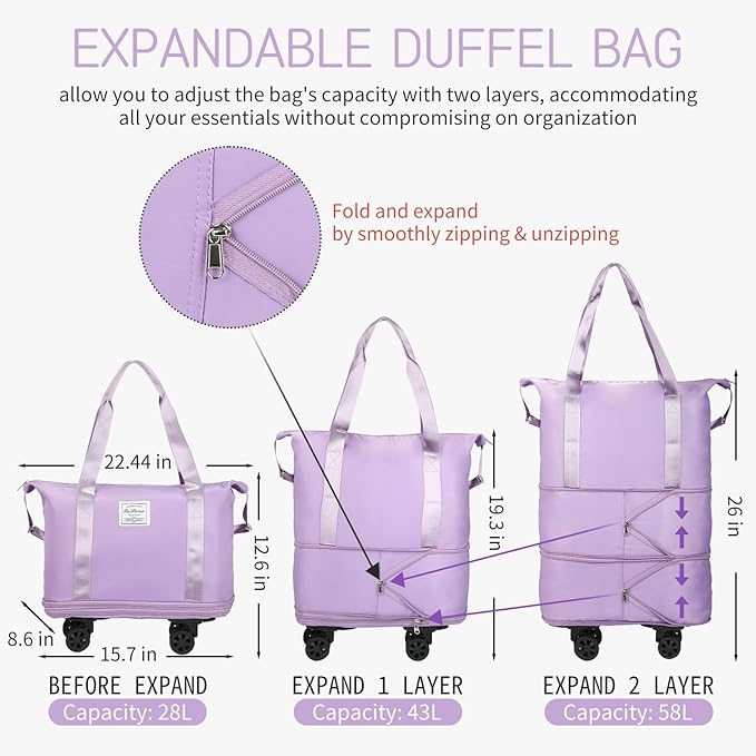 VOOWO Rolling Duffle Bag, Expandable Foldable Carry On, Large Weekend Bag with Spinner Wheels, 28-58L, Purple