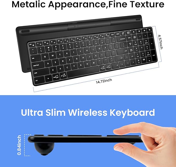 Wireless Bluetooth Keyboard, 3-Device Free Switching (2.4G+BT), Ultra-Slim Compact Wireless Keyboard Quiet Typing for PC/Laptop/Smart TV/Phone,12 Multimedia Keys