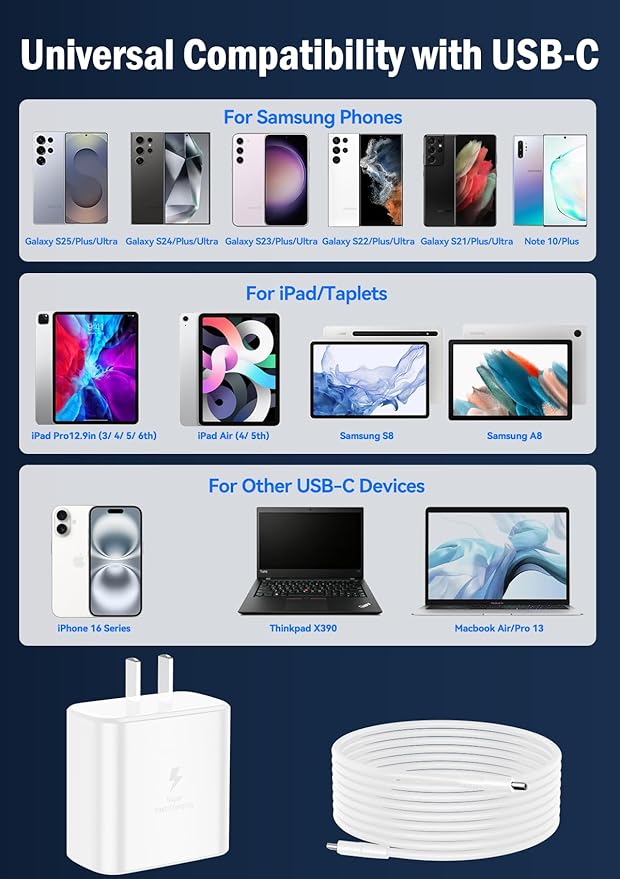 45W Super Fast Charger for Samsung, 6.5FT/2M USB C Charger Fast Charging for Samsung S25/S24/Plus/Ultra, PD 3.0 GaN Type C Charging Block Compatible with iPhone 17/16/15 and More