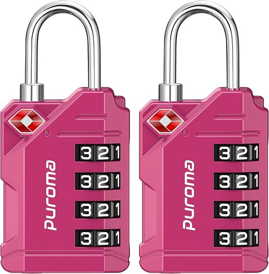 Puroma TSA Approved Luggage Locks, 2 Pack 4 Digit Resettable Travel Combination Code Lock with Zinc Alloy Body for Suitcase, Backpack, Laptop Bag, Gym Locker, Toolbox (Red-Violet)