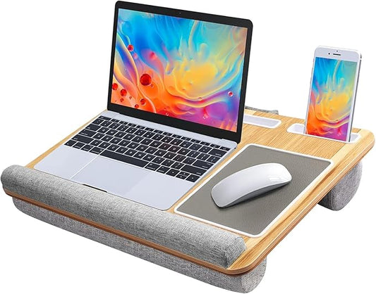 HUANUO Lap Desk - Fits up to 17 inches Laptop Desk, Built in Mouse Pad & Wrist Pad for Notebook, Laptop, Tablet, Lap Stand with Tablet, Pen & Phone Holder (Wood Grain)