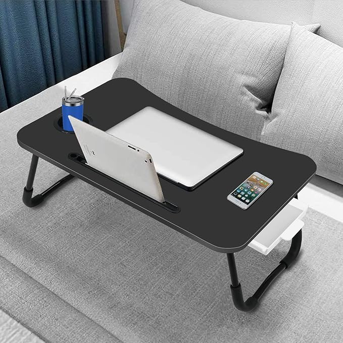 Fayquaze Portable Foldable Laptop Bed Desk with Storage Drawer and Cup Holder - Lap Desk Laptop Stand Tray Table for Eating, Reading and Working