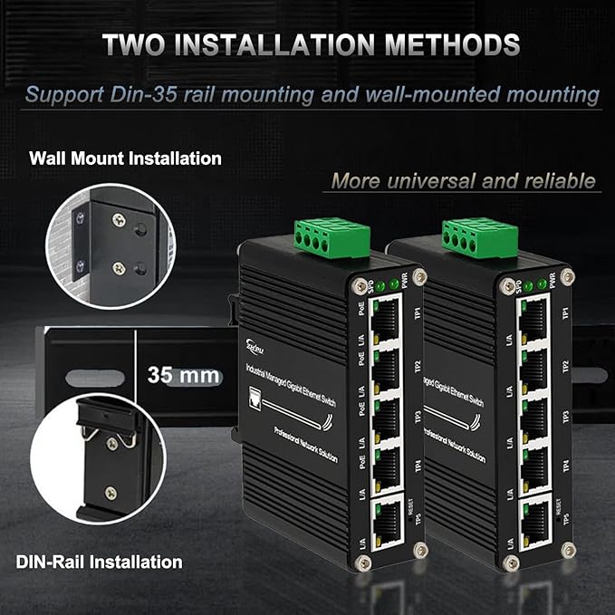 Htfoevrxs 5Port Industrial Mini Gigabit Ethernet Switch with Smart Web Management, QoS,Vlan 12-48V Wide Voltage Input, Compact and Durable Design for Reliable Networking