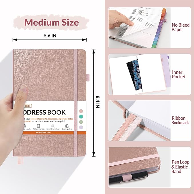 SUNEE Address Book with Colorful Alphabetical Tabs, Address Notebook Organizer for Record Contacts, 5.3'' x 7.7''- Rose Gold
