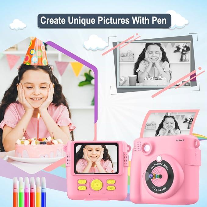 Instant Print Camera for Kids - 2.4" HD 1080P - with 32GB SD Card, 5 Markers, Stickers, 5 Paper Rolls, Lanyard. Camera Boys and Girls from 3 to 14 Years Old. (Pink)