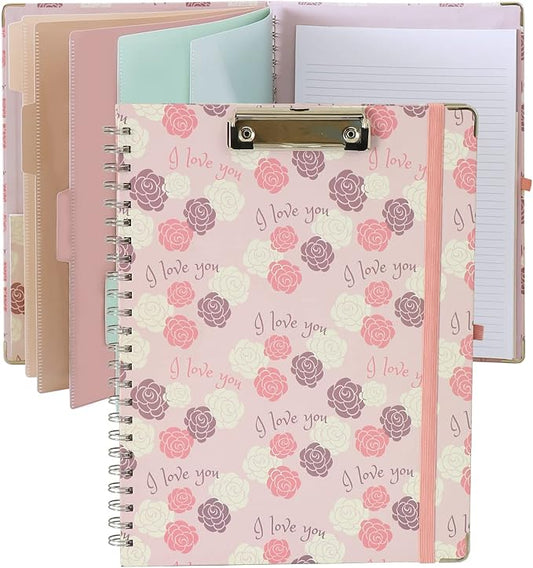 Clipboard Folio Spiral Folder Board,5 Extra Folders with 10 Storage Pockets,Refillable Lined Fillable Notepad,Folded Clipboard with Storage,Suitable for Office,School and Student (Pink Love Flower)