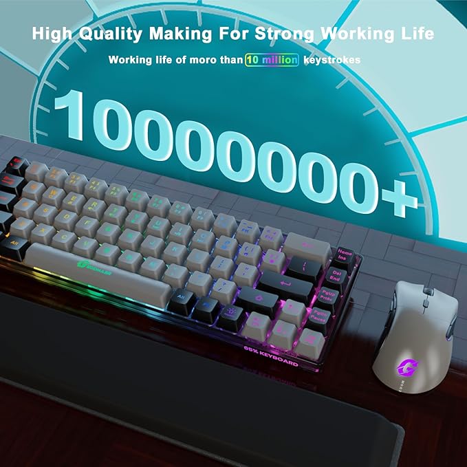 Wireless Gaming Keyboard and Mouse and Cooling Gel Wrist Rest, 68 Keys Compact Anti-ghosting No-Conflict Rechargeable Backlit Keyboard, 6D 3200DPI Mice, Cooling Gel Wrist Rest