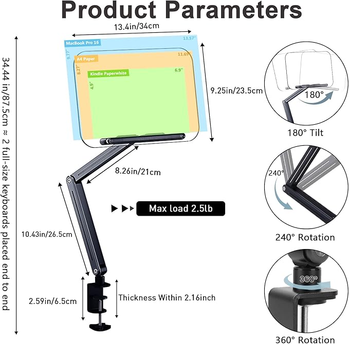 ASIEIT Book Stand with Clamp, Acrylic Desk Clamp Book Holder, 360° Cookbook Stand for Kitchen, Recipe Book Stand, Height and Angle Adjustable, Foldable and Portable for Office, Bible,Magazine,Laptops