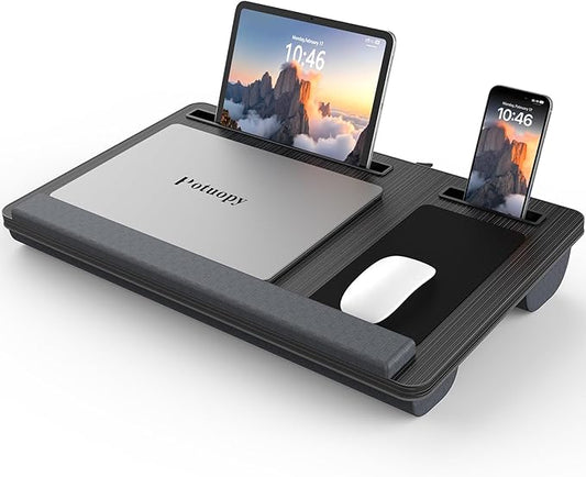 Lap Desk - Up to 17” Laptop Tray with Wrist Rest, Portable Handle, Fixed Mouse Pad, Tablet & Phone Slots, Laptop Stand for Bed with Cushion (Black)