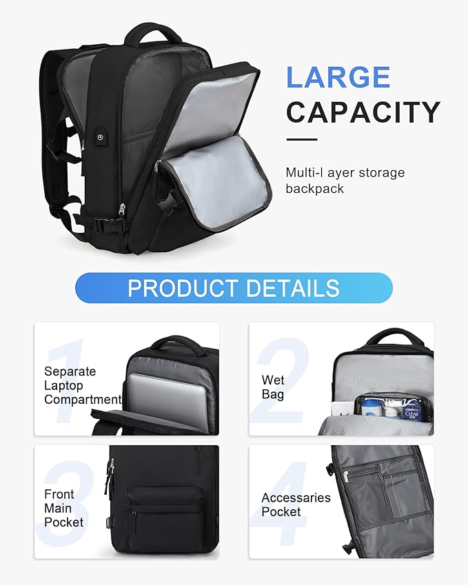 Carry On Backpack for Women, Large Travel Backpack Flight Approved, Waterproof 14 Inch Laptop Backpack Business Work Backpacks Men Mochila De Viaje, Black