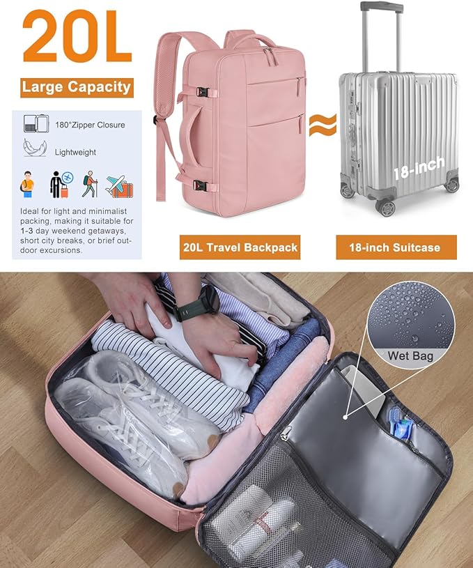 Capolo Travel Backpack for Women Men Waterproof Laptop Backpack Airlines Approved Carry On Backpack Bag Computer Bookbag for Business, Work, Traveling Fits 15.6 Inch Laptop(Pink)