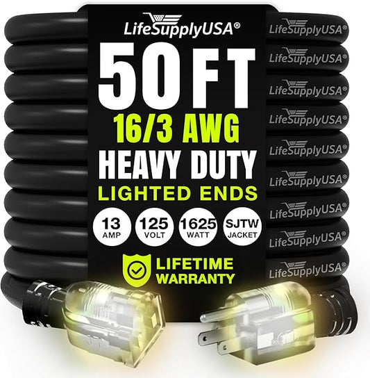 50ft Outdoor/Indoor Extension Cord 16/3 Gauge Heavy Duty 3 Prong SJTW, Waterproof, Flexible Cold-Resistant Long Power Cord,13A 125V 1625W, Black by LifeSupplyUSA