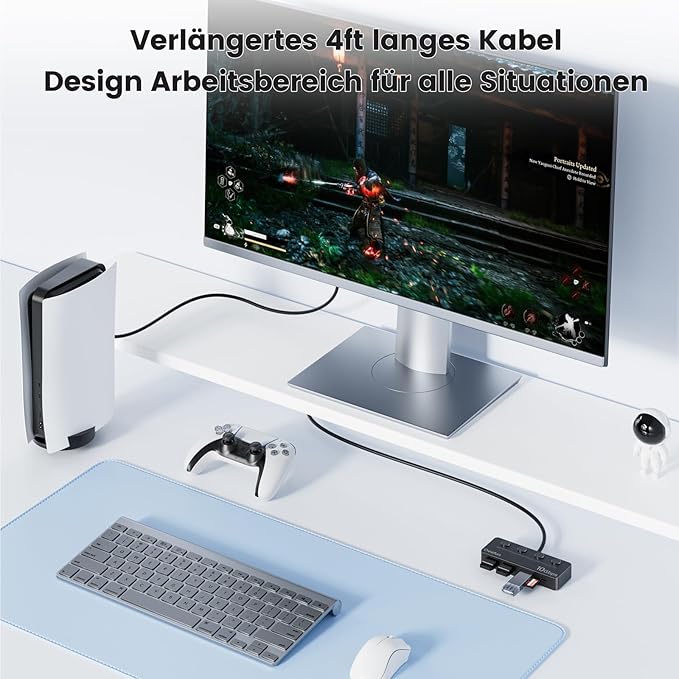 Qeefun 4-Port USB 3.2 Hub with 2 USB-C and 2 USB-A Ports, Individual LED Power Switches,10Gbps Data Transfer USB Splitter with 4ft Extension Cable, Multiple USB Extender for Laptop, PC, iMac etc