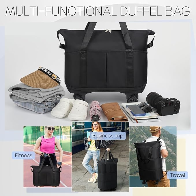 VOOWO Duffel Bag with Wheels - Rolling Foldable Expandable Duffle Bag with Wheels for Travel, Rolling Luggage Bag Carry On Travel Bag with Wheels, Large Wheeled Overnight Weekender Bag (Black)