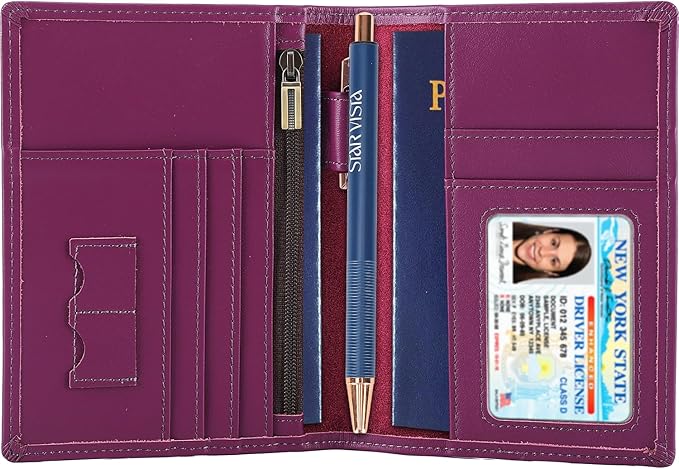 STAR VISTA Phoenix Leather Passport Holder, Calfskin Travel Wallet - RFID Blocking, ID Window, Zipper Pocket, Pen & Notebook Included, Violet