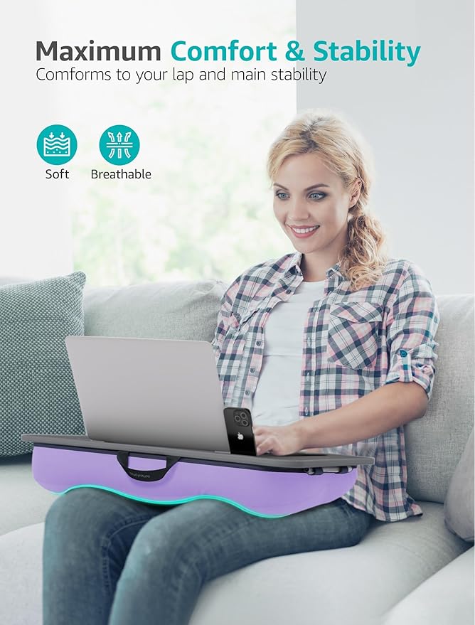 Istudyniture Lap Desk | Portable Laptop Desk & Stand – Fits Up to 17 inch – Washable Cushion, Built-in Phone Holder – for Bed, Couch, Sofa, Floor – Writing, Reading, Home Office – Large, Purple