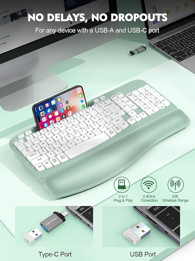 Ergonomic Wireless Keyboard with Cushioned Wrist Rest, Wave Keys, Phone Holder, Comfortable Natural Typing, 2.4GHz Full Size Cordless USB Computer Keyboard for Laptop, Mac, Windows (Mint Green)