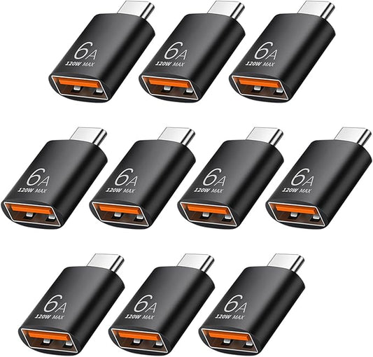 10 Pack 10Gbps/120W USB C to USB3.1 Adapter,Black Type C Male to USB Female Adapter for Smartphone, PC, Laptop, Tablet, Keyboard etc.
