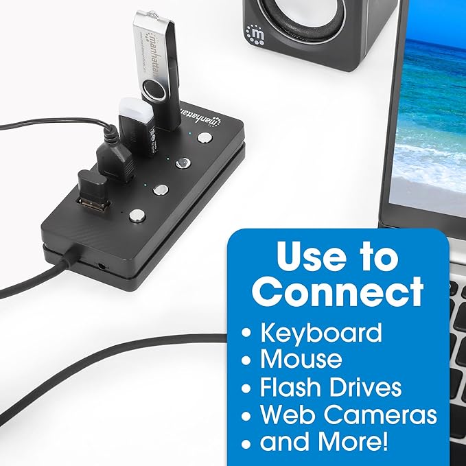 4 Port USB Extension Cable Hub with (5ft Long Cord) – USB 3.2 Powered USB Splitter On/Off Switches – USB Extender/Multiport Adapter for Desktop Computer, Laptop, PC Accessories