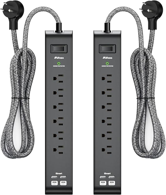 15FT Power Strip Surge Protector - 2 Pack Extension Cord with 6 Outlets 4 USB Ports, Flat Plug, 900 Joules, 15A Circuit Breaker, Wall Mount for Home Office Dorm