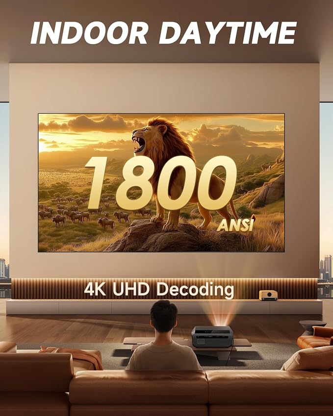 Daytime Projector 4K Ultra HD, Bright 1800ANSI High Lumen, HDMI ARC, HDR10+, Smart LED Android TV Projector' with WiFi Bluetooth Apps ToF Auto Focus Voice Remote, Ceiling for Home Theater Movie Gaming