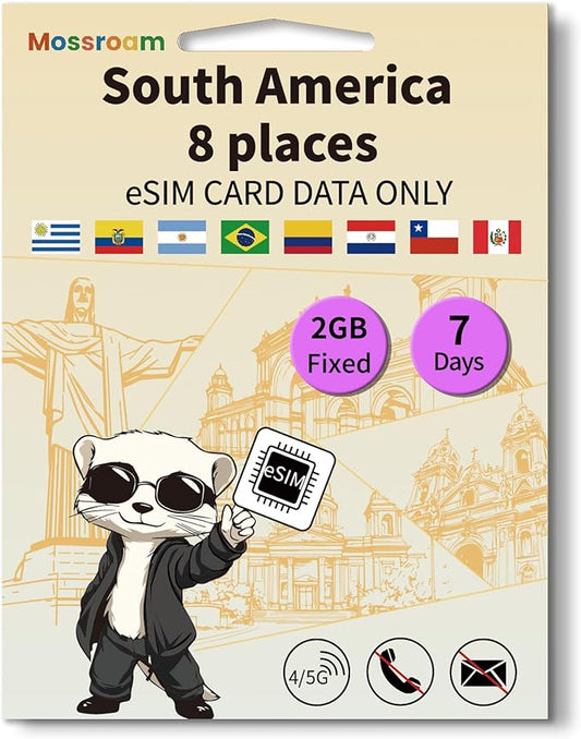 eSIM for 8 Countries in South America Trave Internationa Travel,4/5G LTE Prepaid 7 Days Plan,2GB Daily Data Only