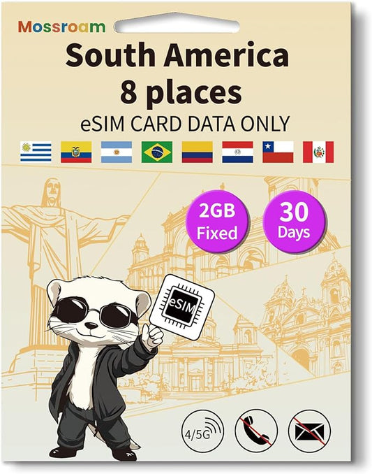 eSIM for 8 Countries in South America Trave Internationa Travel,4/5G LTE Prepaid 30 Days Plan,2GB Daily Data Only